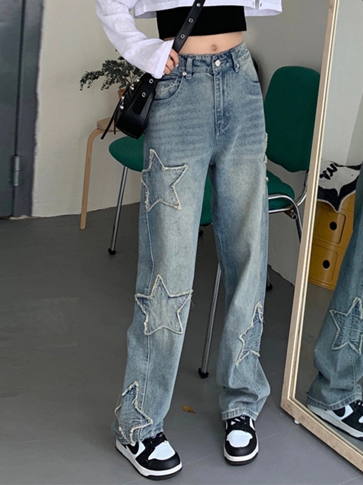 Y2K-Sterne: Patchwork-Jeans, hohe Taille, weiter Bein – Retro-Flair für dich!