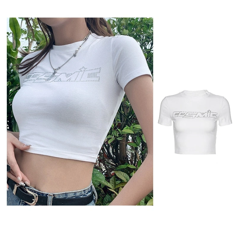 Y2K Universum Glitzer Crop Top: Funkelnder Retro-Style für Sternenmädchen – Dein Sommer-Must-Have!