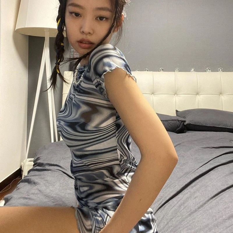 Blackpink Jennie Traumkleid Y2K Style Wirbel Mini Schwarz Koreanisch Ästhetisch Mode Kleidung Sommer.